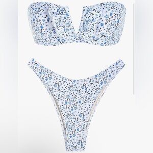 ZAFUL Women's Strapless Ribbed V Wired Lace Up Ruffle High Cut Swimsuits Bikini